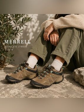 Merrell J78636 Women’s Hiking Shoes Tan Suede Mesh Trail Sneakers Size 9